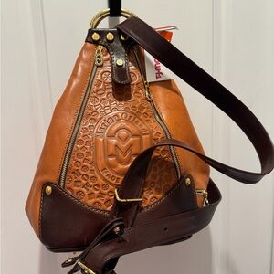 Marino Orlandi Italy Embossed Leather Bag in Rich Caramel and Brown
